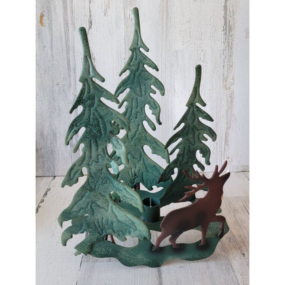 Metal Pine scenery candle holder reindeer forest pine tree xmas